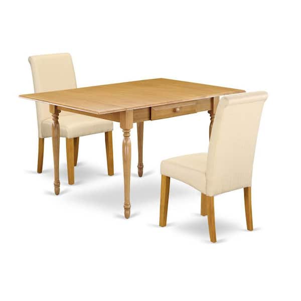 East West Furniture 3-Piece Natural Brown Oak Finish Solid Wood Top with Dropleaf Dining Table Set