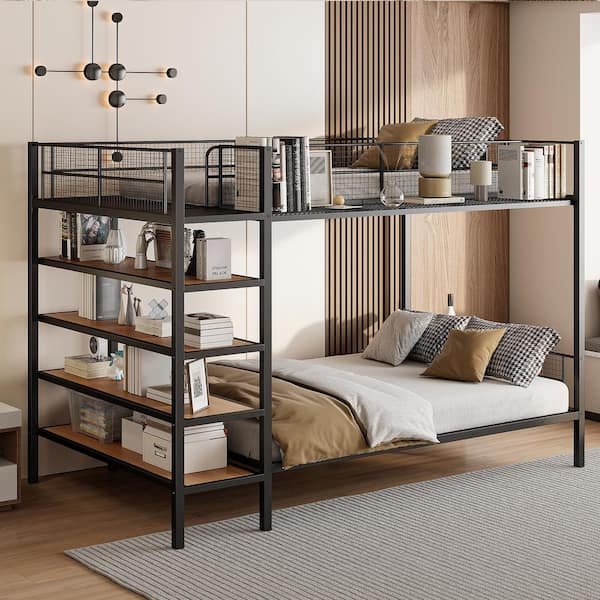 Harper & Bright Designs Black Twin over Full Metal Bunk Bed with Built-in Side Shelf for the Top Bed