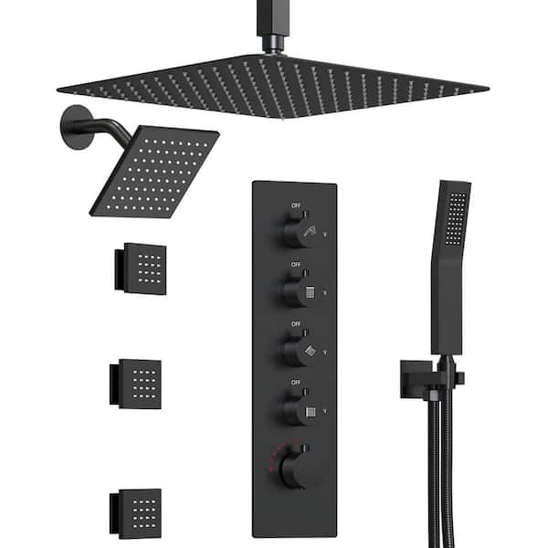 Ceiling Mount 16 in. and 6 in. 15-Spray Dual Fixed and Handheld Shower Head with Body Jets 2.5 GPM in Matte Black