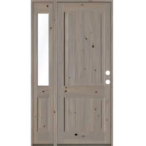 44 in. x 96 in. Rustic Knotty Alder Sidelite 2-Panel Left-Hand/Inswing Clear Glass Grey Stain Wood Prehung Front Door