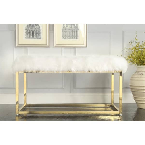 Inspired Home Verity White/Gold Faux Fur Ottoman Bench with Metal Frame