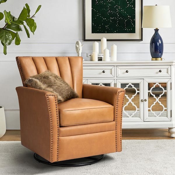 Adela 30 in. Camel Genuine Leather Swivel Rocking Arm Chair with Nailhead Trim