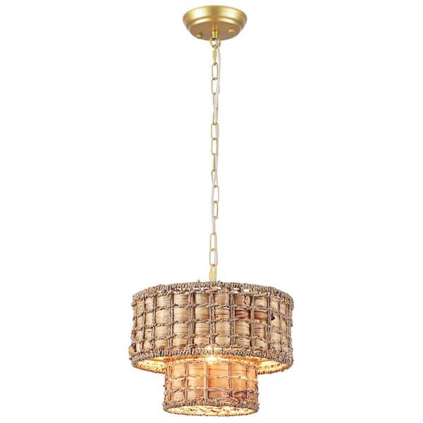 11.81 in. 1-Light Hemp Rope Drum Chandelier Light for Kitchen Island with No Bulbs Included