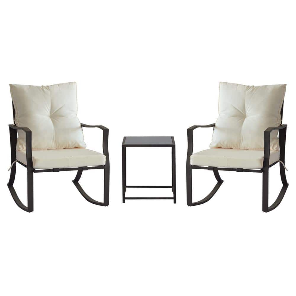 Beige Outdoor Metal Rocking Chair 3 Piece Rocking Bistro Set Patio Furnitur