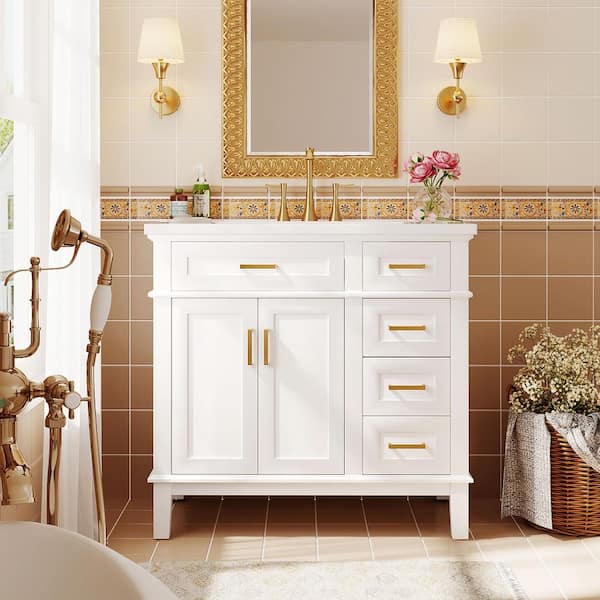 Qualler 36 in. W x 18 in. D x 35 in. H Single Sink Freestanding Bath Vanity in White with White Resin Top