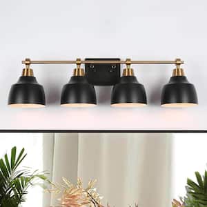 Modern Bathroom Vanity Light 29 in. 4 Light Black Vintage Wall Sconce with Plated Brass Finish & White Inner Bell Shades