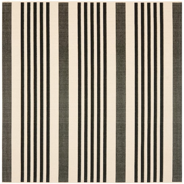 Courtyard Black/Bone 5 ft. x 5 ft. Square Striped Indoor/Outdoor Patio  Area Rug