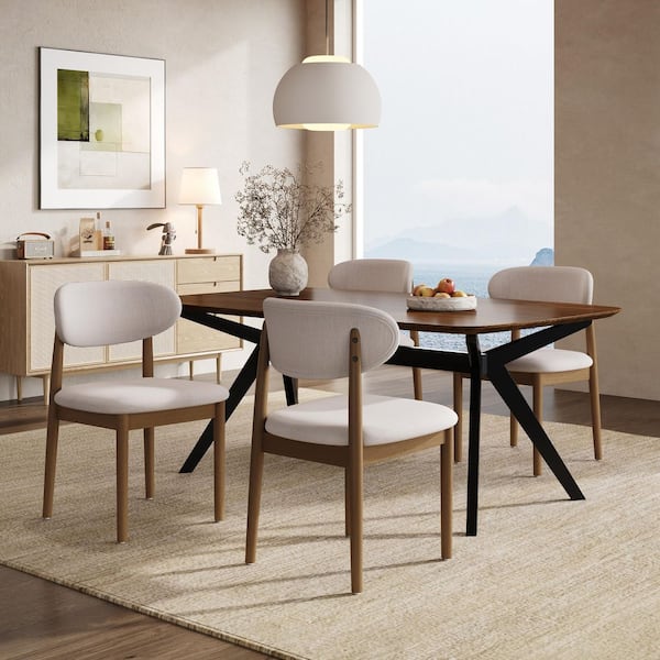 CHRISTOPHER KNIGHT HOME Cliff 5-Piece Walnut and Black Wood Top Dining Set  with Beige Cushioned Seats, Solid Wood Legs 147616