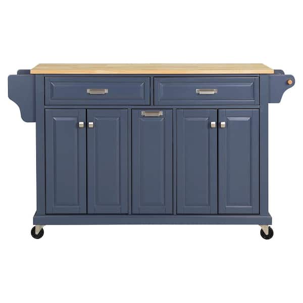 ANGELES HOME Blue Solid Wood Countertop 60 1/2 in. W Rolling Kitchen Island Cart on Wheels, Towel and Spice Rack