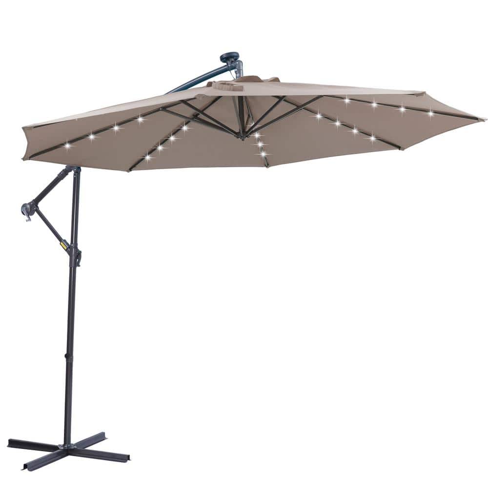 Zeus & Ruta 10 FT Taupe Solar LED Patio Outdoor Umbrella Hanging Cantilever Umbrella with 32 LED Lights -  LH-693