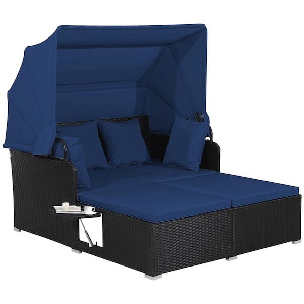 Costway Wicker Outdoor Day Bed Lounge with Retractable Top Canopy and Side Tables in Navy Cushions