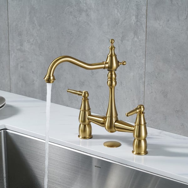 Double-Handle Bridge Kitchen Faucet Deck-Mount, 2 Hole Brass Kitchen Sink Faucet in Gold