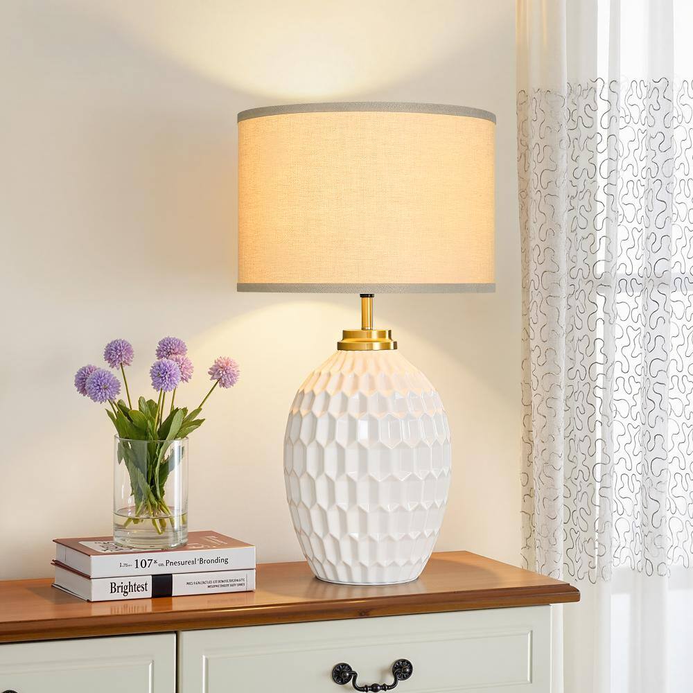 25 in. Indoor Modern Style Dimmable with Plug Fabric Shade and Relief Carved Ceramic Gold Metal Lamp Base Table Lamp price history on PriceWatchPro