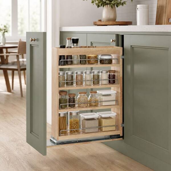 4-Shelf Natural Wood Cabinet Mount Pull Out Spice Rack, Spice Organizer for Kitchen Pantry Seasoning Bottle Storage