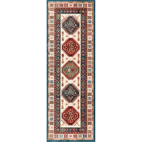 nuLOOM Qiana Emblem Fringe Ivory 2 ft. 6 in. x 6 ft. Indoor Runner Rug