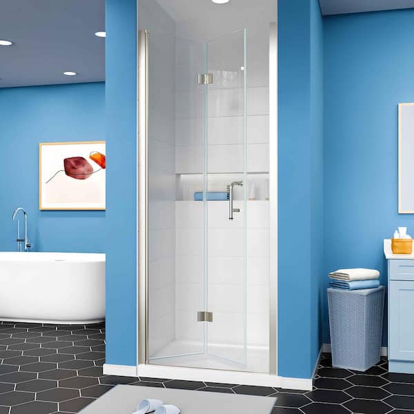 30-31.9 in. W. x 72 in. H Frameless Bi-Fold Shower Door in Brushed Nickel with Clear SGCC Tempered Glass