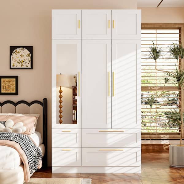 FUFU&GAGA White Wood 47 in. W 6-Door Big Bedroom Furniture Armoire