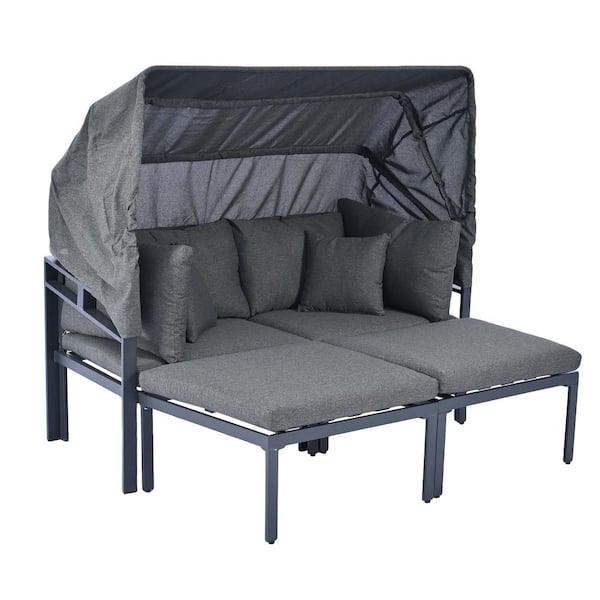 ITOPFOX Gray 3-Pieces. Metal Outdoor Sectional Set with Gray Cushions Sun Lounger with Retractable Canopy, 2 Ottomans
