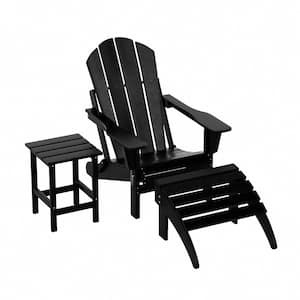 Laguna Classic Outdoor Patio Plastic Foldable Adirondack Chair with Ottoman and Side Table Set (3-Piece), Black