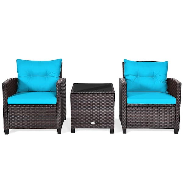 HONEY JOY Brown 3-Pieces Wicker Patio Conversation Set Outdoor Rattan Furniture with Turquoise Cushions