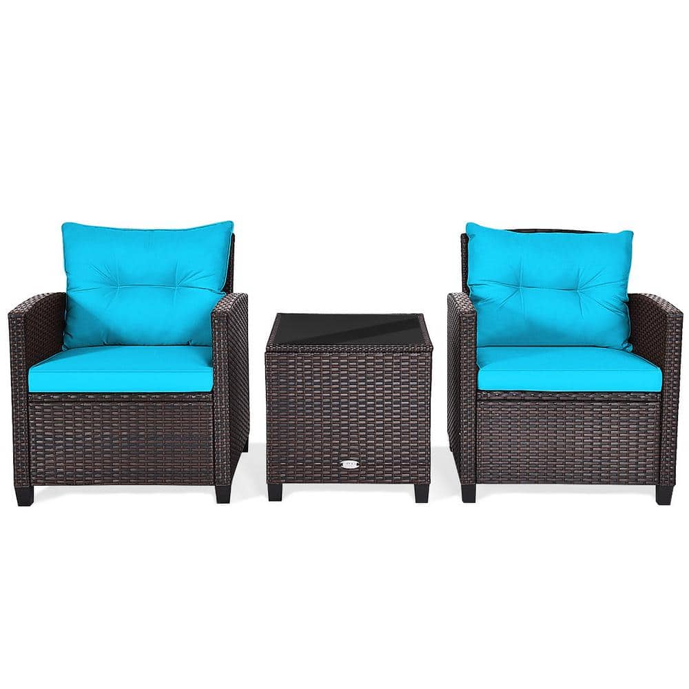 Turquoise Cushioned 3-Piece Brown Rattan Conversation Set
