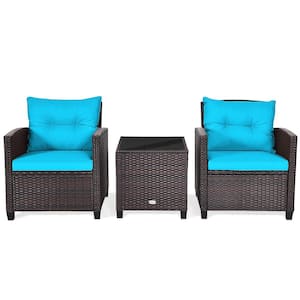 Brown 3-Pieces Wicker Patio Conversation Set Outdoor Rattan Furniture with Turquoise Cushions