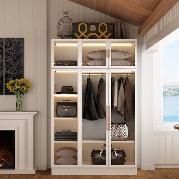 White Wood 47.2 in. W Glass Doors Armoires Metal Frame Wardwore with LED Lights, Hanging Rod (74.8 in. H x 19.2 in. D)