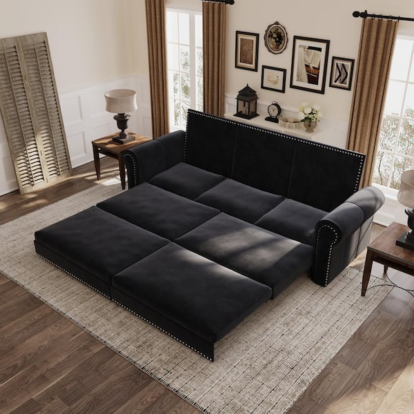 Harper & Bright Designs 3-in-1 Convertible 93.7 in. Black Velvet King Size Sofa Bed with Rivet Head Trim