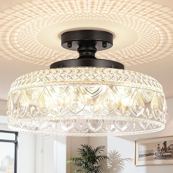 11.81 in Round Matte Black Semi-Flush Mount Ceiling Light with Floral Glass for Kitchen and Entryway (No Bulbs)