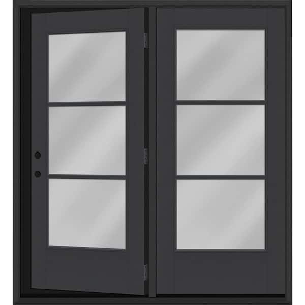 Steves & Sons Legacy 72 in. x 80 in. Icon 3L Modern ClearGlass Black RH Center-Hinged Painted Fiberglass Retro Pato Door w/ 4 in. Jamb