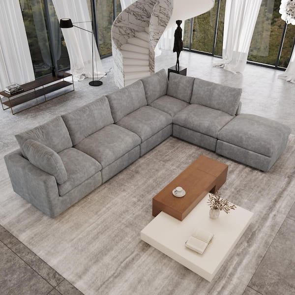 134 in. Square Arm Chenille 8-Piece Modular Free Combination Sectional Sofa with Removable Covers, Ottoman in Gray