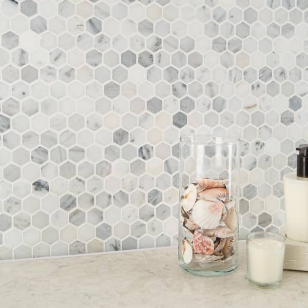 MSI Greecian White Mini Hexagon 11.61 in. x 11.81 in. x 10 mm Polished Marble Mesh-Mounted Mosaic Tile (0.95 sq. ft.) MSI Greecian White Mini Hexagon 11.61 in. x 11.81 in. x 10 mm Polished Marble Mesh-Mounted Mosaic Tile (0.95 sq. ft.)