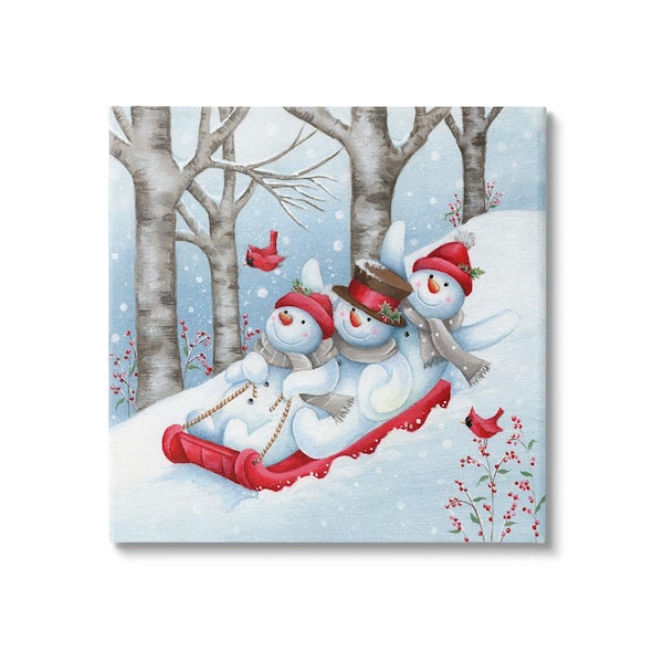 Stupell Industries Happy Snowman Trio Sledding by Emma Leach 1-Piece Unframed Graphic Print Animal Poster Art Print 24 in. x 24 in.