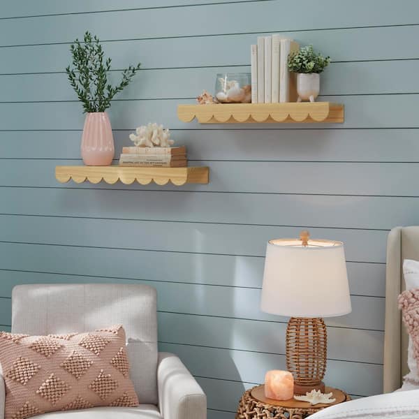 Scalloped Natural Wood Floating Wall Shelves (22" W x 2.5" H) (Set of 2)