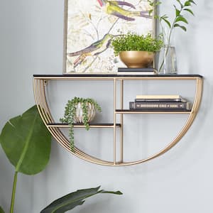 28 in.  x 15 in. Gold 3 Shelves Wood Wall Shelf with Half Moon Shape