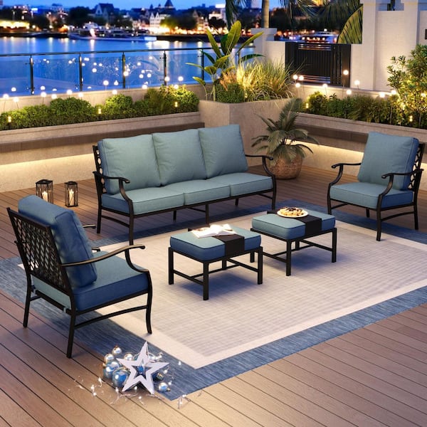 Black 5-Piece Metal Meshed 7-Seat Outdoor Patio Conversation Set with Denim Blue Cushions and 2 Ottomans
