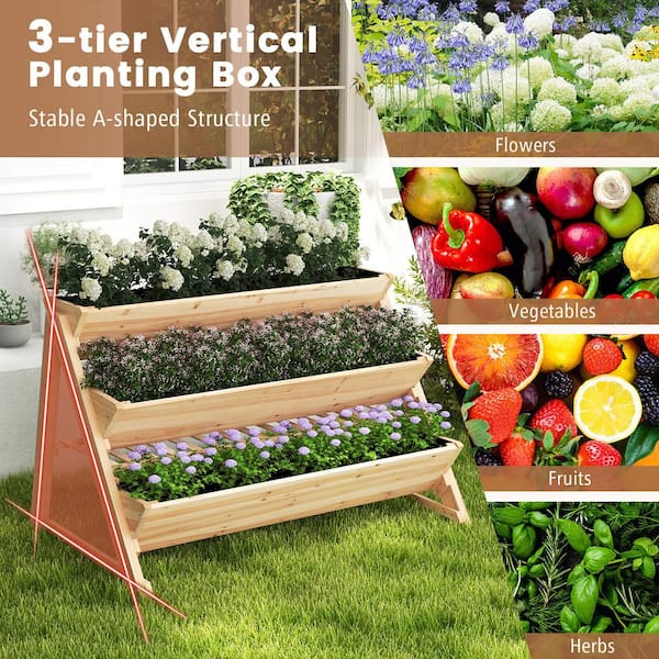 Gymax 43 in. x 9 in. x 6 in. Wood 3-Tier Raised Garden Bed with 2