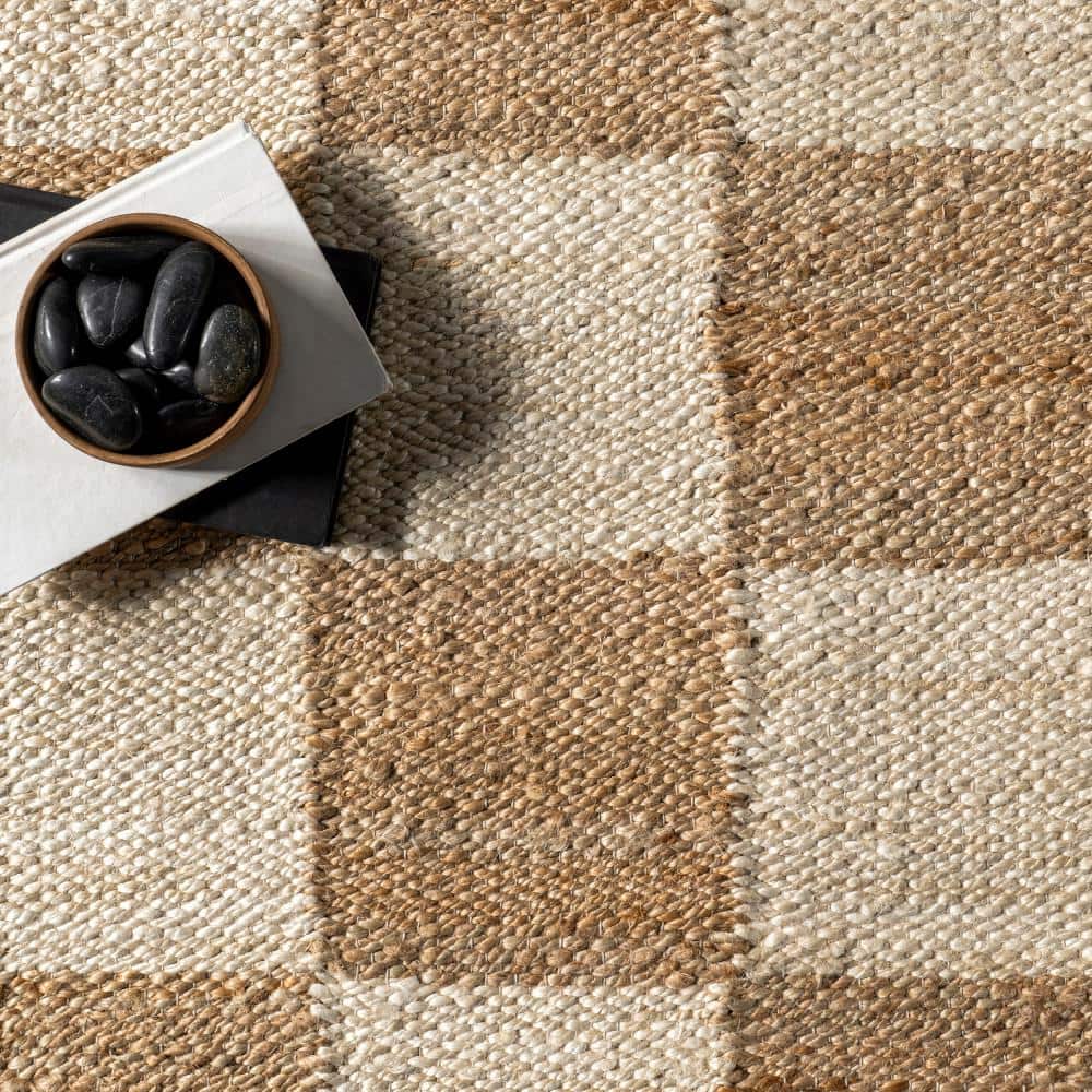 Ivory and Beige Checkered Cotton Jute Rectangular Rug