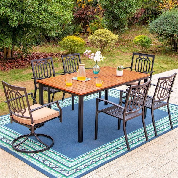 PHI VILLA Black 7-Piece Metal Patio Outdoor Dining Set with Straight ...