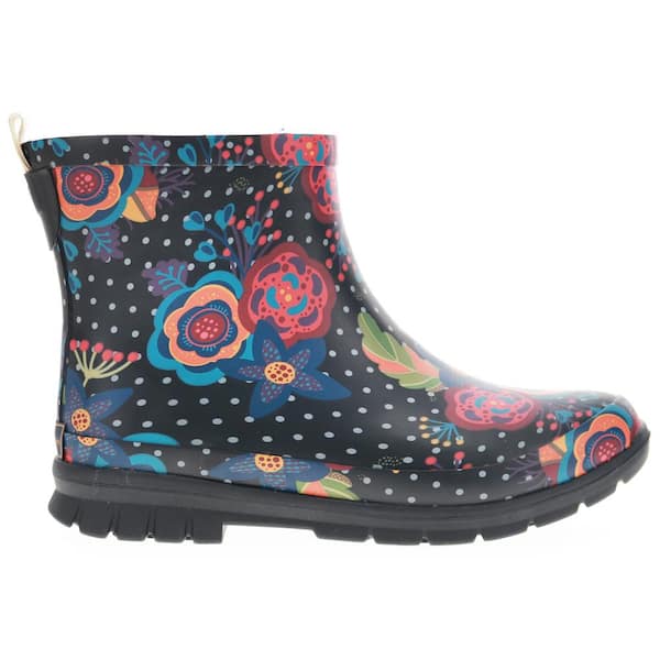 WESTERN CHIEF Women's Boho Bloom Ankle 5.5" Waterproof Rubber Rain Boot - Black Size 9