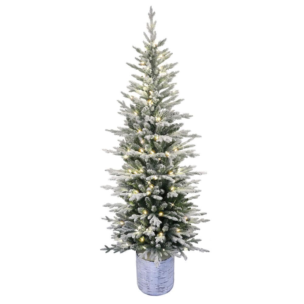 Puleo International 7.5  Pre-Lit Potted Flocked Arctic Fir Pencil Artificial Christmas Tree with 230 Warm White LED Lights
