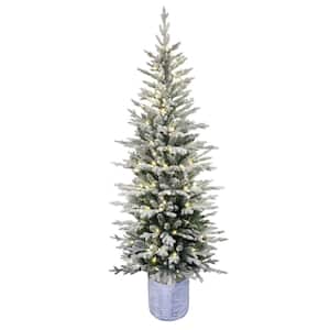 7.5 ft. PreLit Potted Flocked Arctic Pencil Artificial Christmas Tree