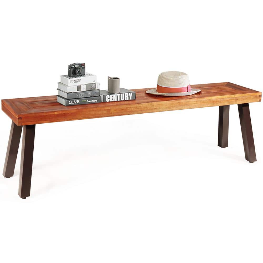 Rustic Acacia Wood and Black Steel 59" Outdoor Bench