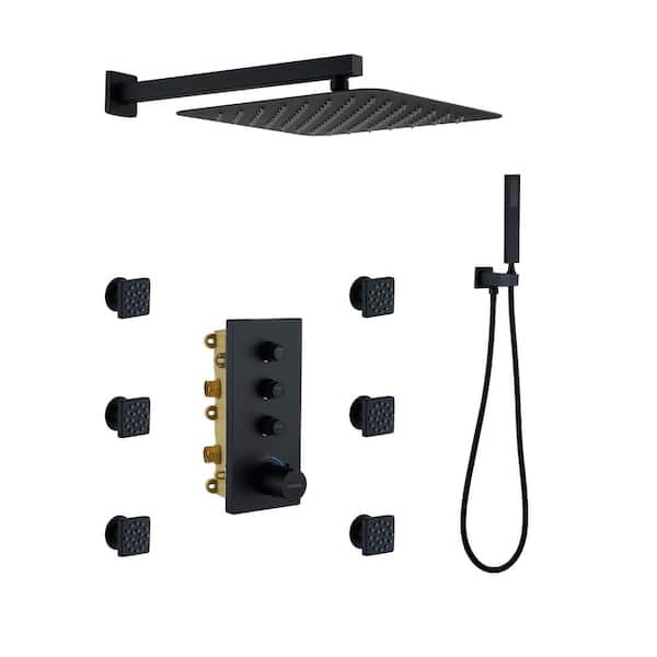 CASAINC Luxury Thermostatic 3-Spray 12 in. Flush Wall Mount Rainfall Shower Faucet with Handheld Shower 1.8 GPM in Matte Black