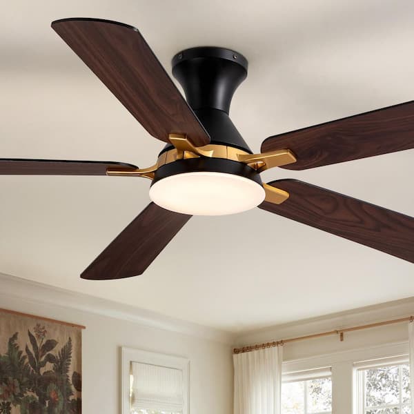 52 in. Indoor Modern Black and Gold Standard Flush Mount Low Profile Ceiling Fan with Integrated LED and Remote