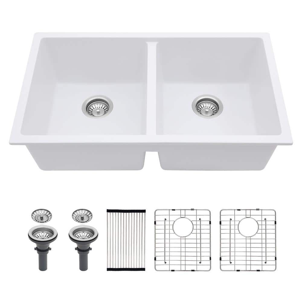 33 in. Undermount Double Bowl（50/50) White Quartz Composite Workstation K