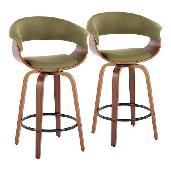 Lumisource Vintage Mod 25.25 in. Green Fabric, Walnut Wood and Black Metal Fixed-Height Counter Stool Round Footrest (Set of 2)