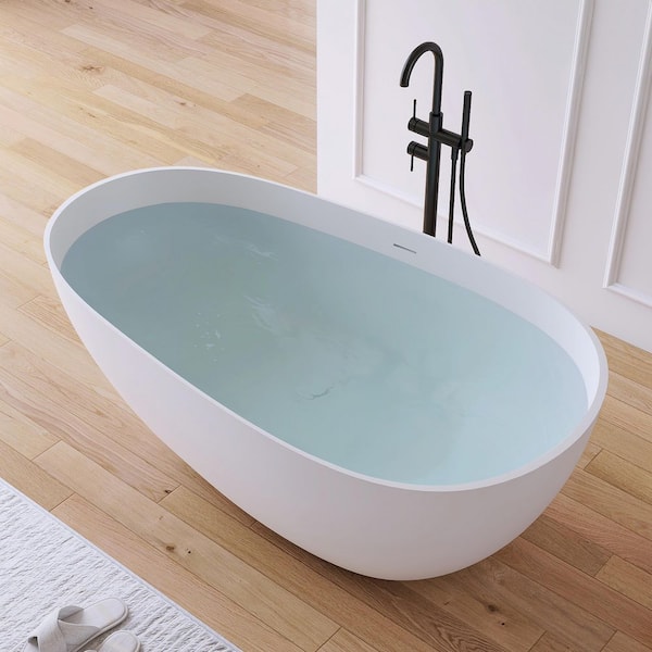 Luna 59 in. x 30.7 in. Stone Resin Solid Surface Matte Flatbottom Freestanding Soaking Bathtub in White