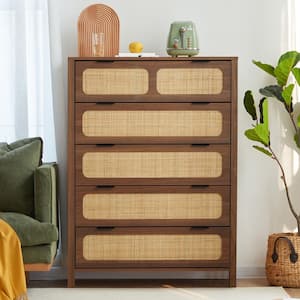 Walnut Wooden Rattan 5-Drawer Storage Cabinet Dresser (15.74 in. D x 31.49 in. W x 43.3 in. H)