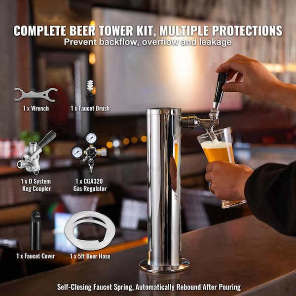 Kegerator Tower Kit, Single Tap Beer Dispenser, Stainless Steel Beer Tower with Dual Gauge CGA320 Regulator
